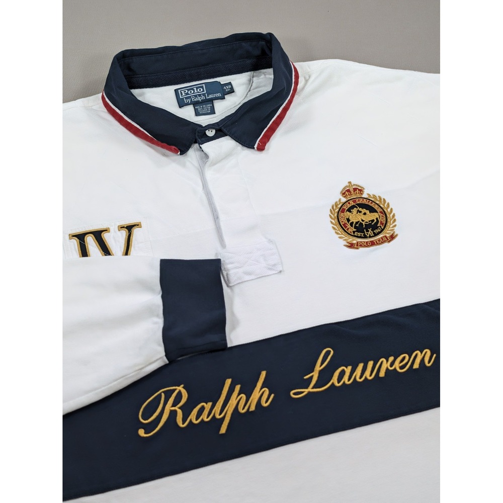 Polo Ralph Lauren Rugby Shirt Mens 4XB White Snow Polo Challenge Cup Vintage Y2K